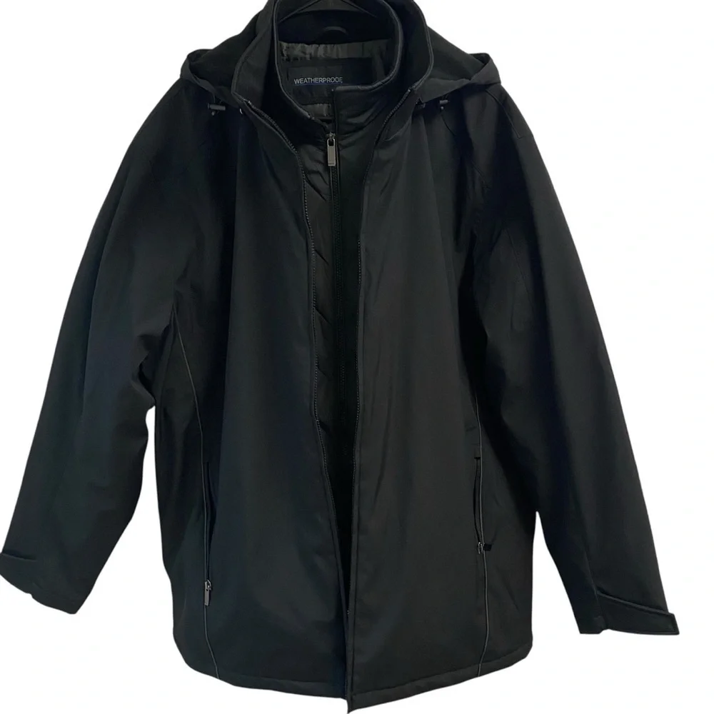 Weatherproof Mens Outerwear Black Quilted‎ Lining Removable Hood Pockets XXL